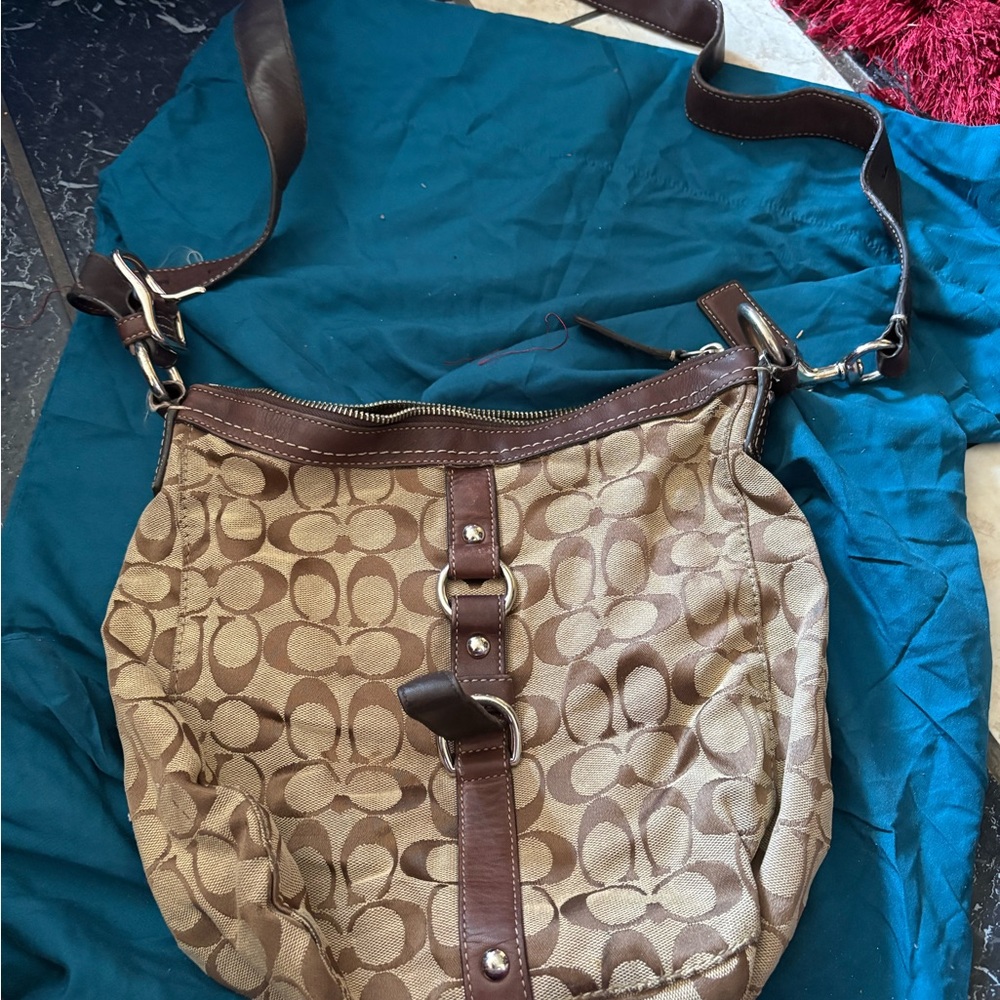 Coach Tan Signature Jacquard Crossbody with Brown Leather Trim